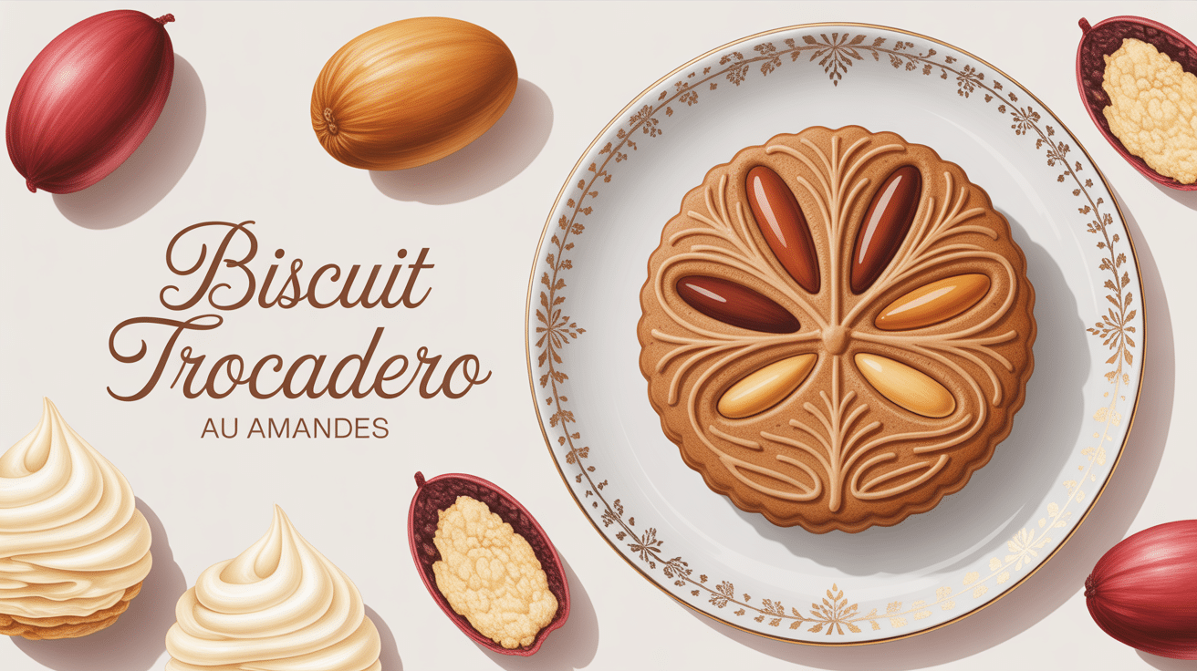 biscuit trocadero doré aux amandes sur assiette porcelaine