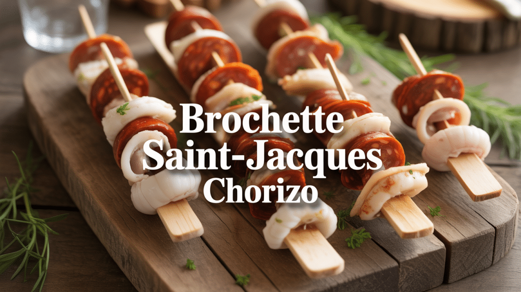 brochette saint jacques chorizo sur planche bois avec herbes