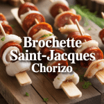 brochette saint jacques chorizo sur planche bois avec herbes