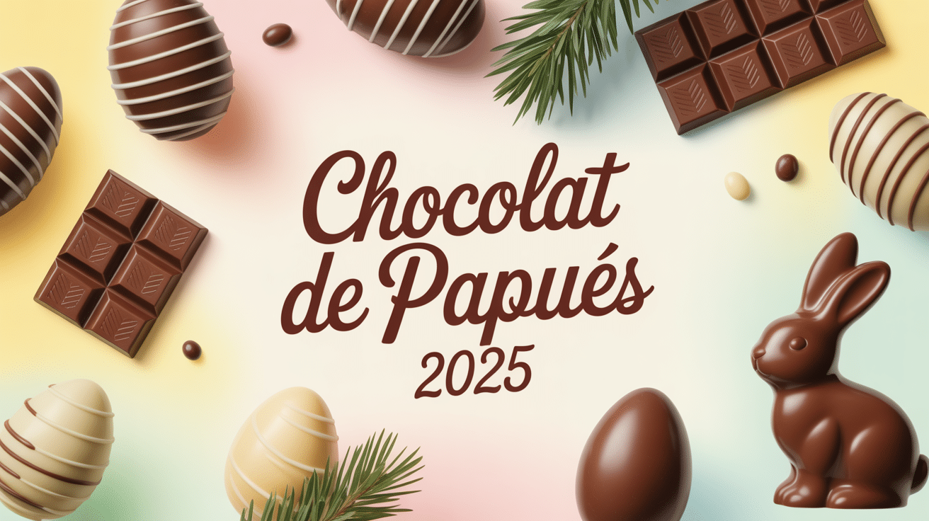 Chocolat de Pâques 2025 : oeufs, lapins et tablettes sur fond printanier