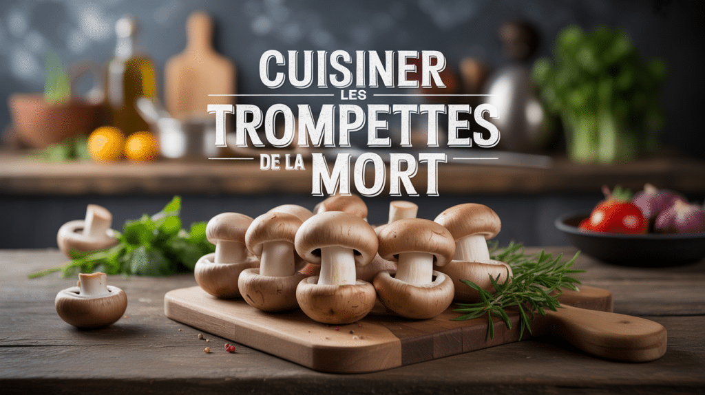 Cuire des trompettes de la mort sur planche bois avec herbes