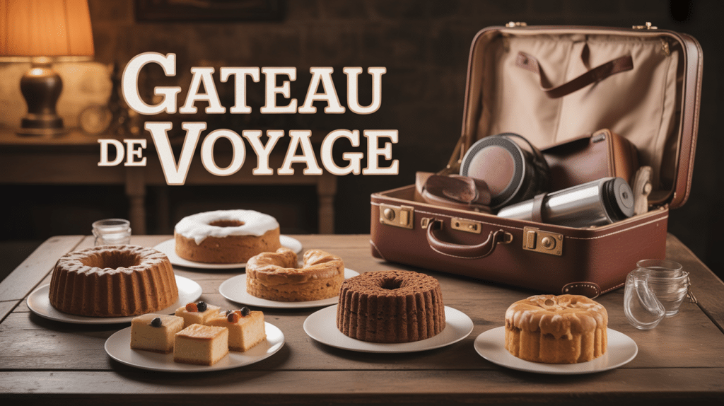 Gâteau de voyage sur table, valise vintage en arrière-plan