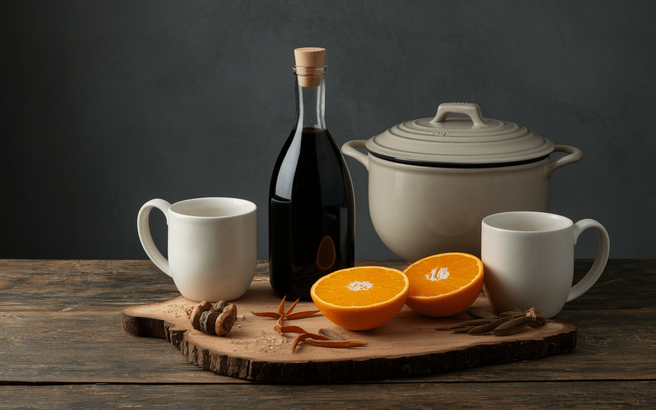 Ingrédients ustensiles cidre chaud sur table bois