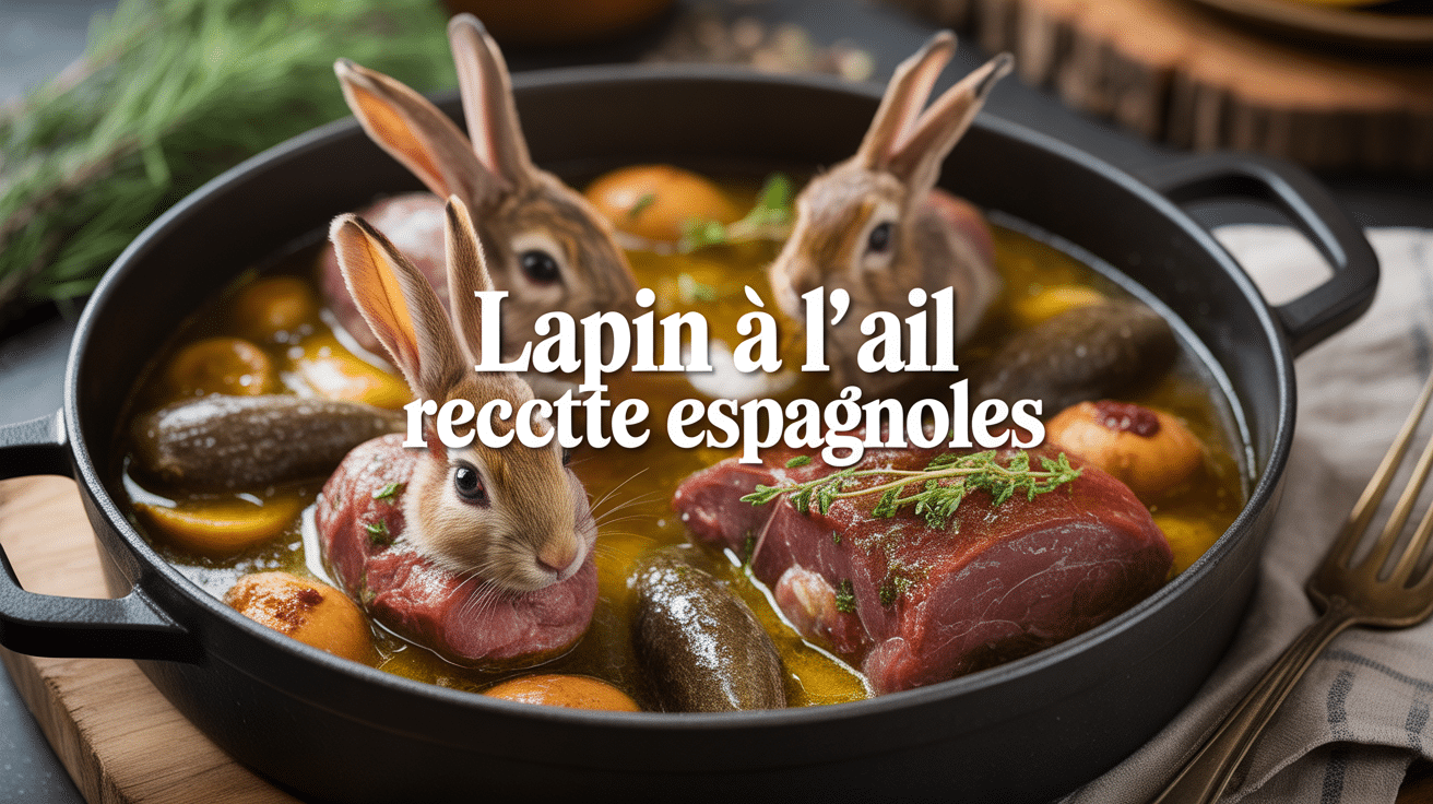 Plat de lapin à l'ail recette espagnole en cocotte, ambiance méditerranéenne