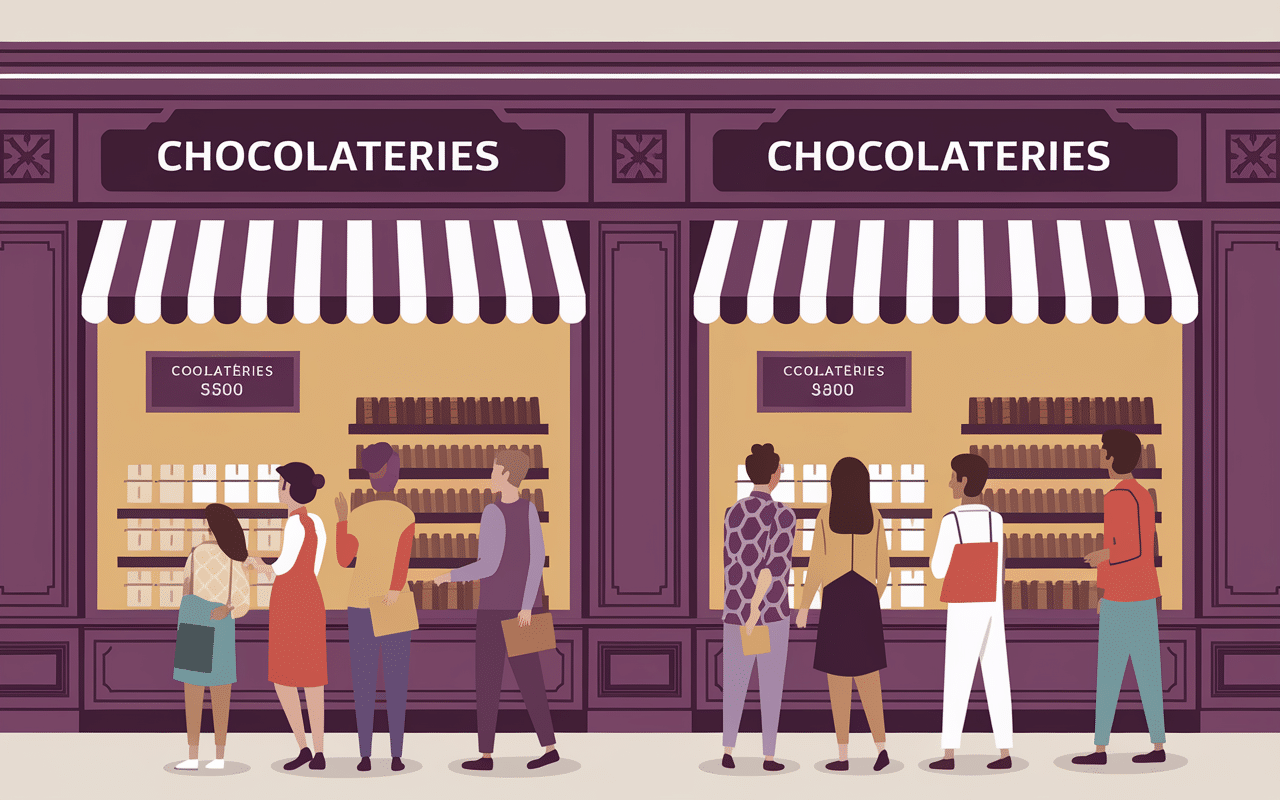 Leonidas ou Jeff de Bruges vitrines et prix chocolateries