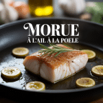 Filet morue à l'ail à la poêle, huile d'olive et persil