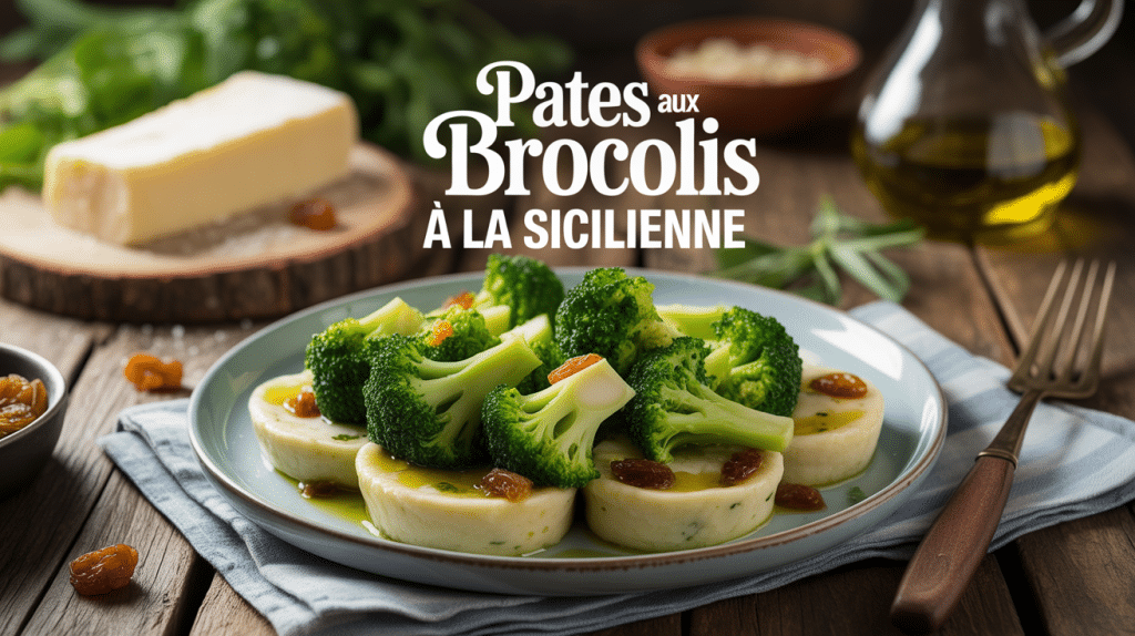 Pâtes aux brocolis à la sicilienne sur table rustique