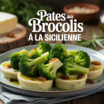 Pâtes aux brocolis à la sicilienne sur table rustique