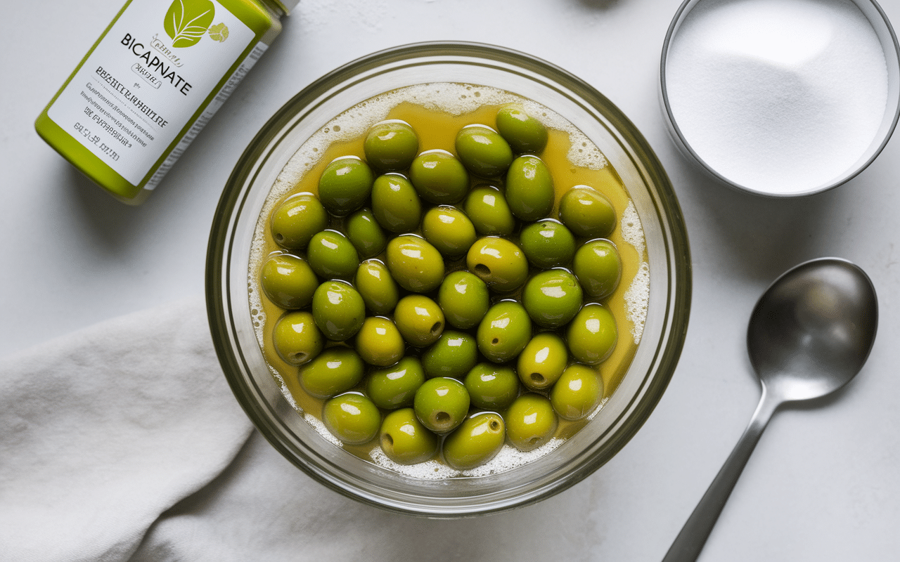 Trempage olives vertes bicarbonate de soude bol