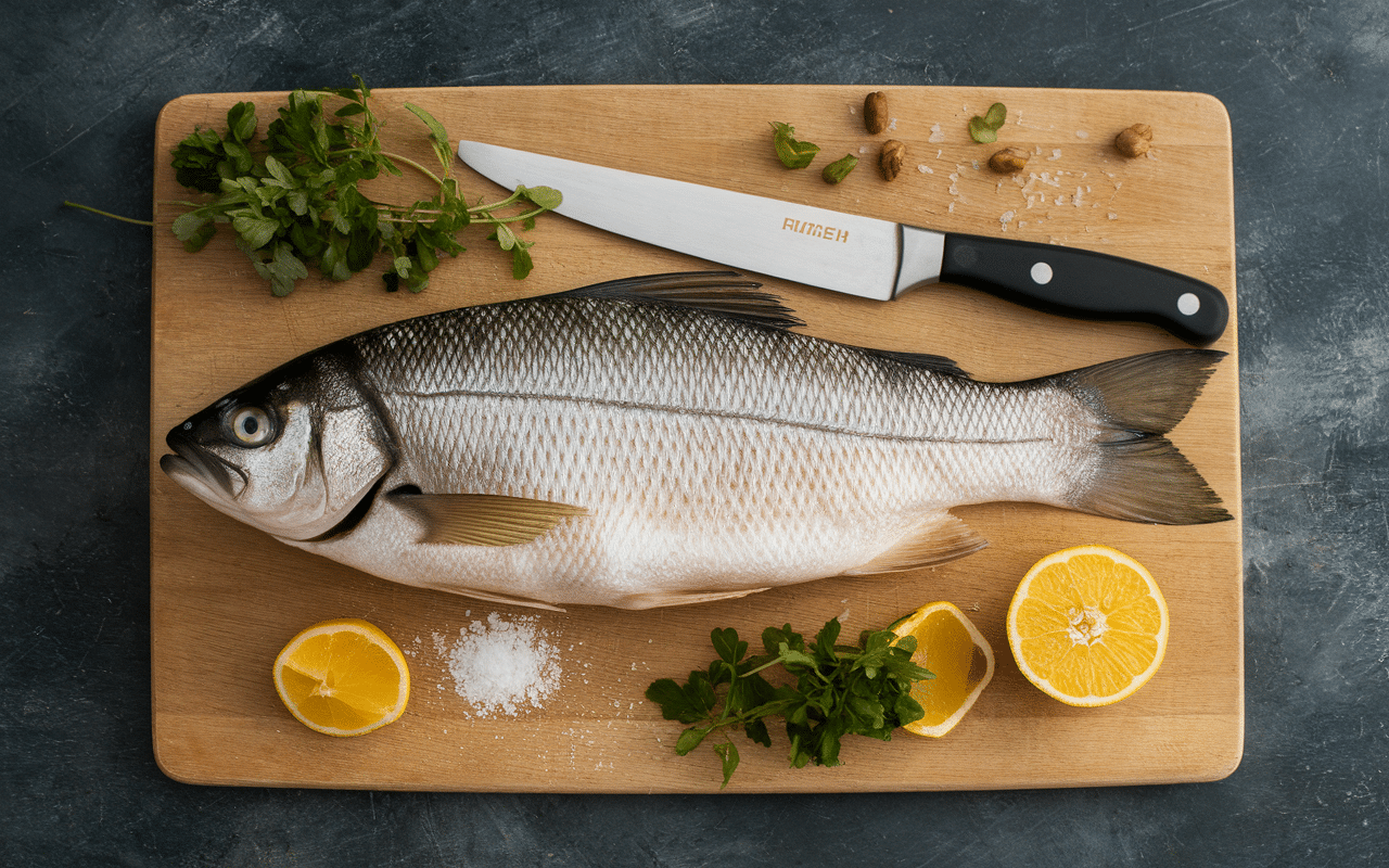 pagre au four frais sur planche herbes citron