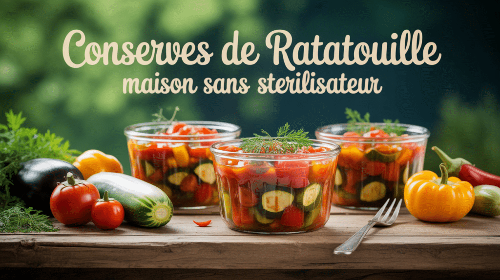ratatouille en bocaux sans stérilisateur sur table avec légumes