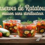 ratatouille en bocaux sans stérilisateur sur table avec légumes