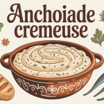 Bol de recette anchoïade crémeuse entouré de légumes et pain