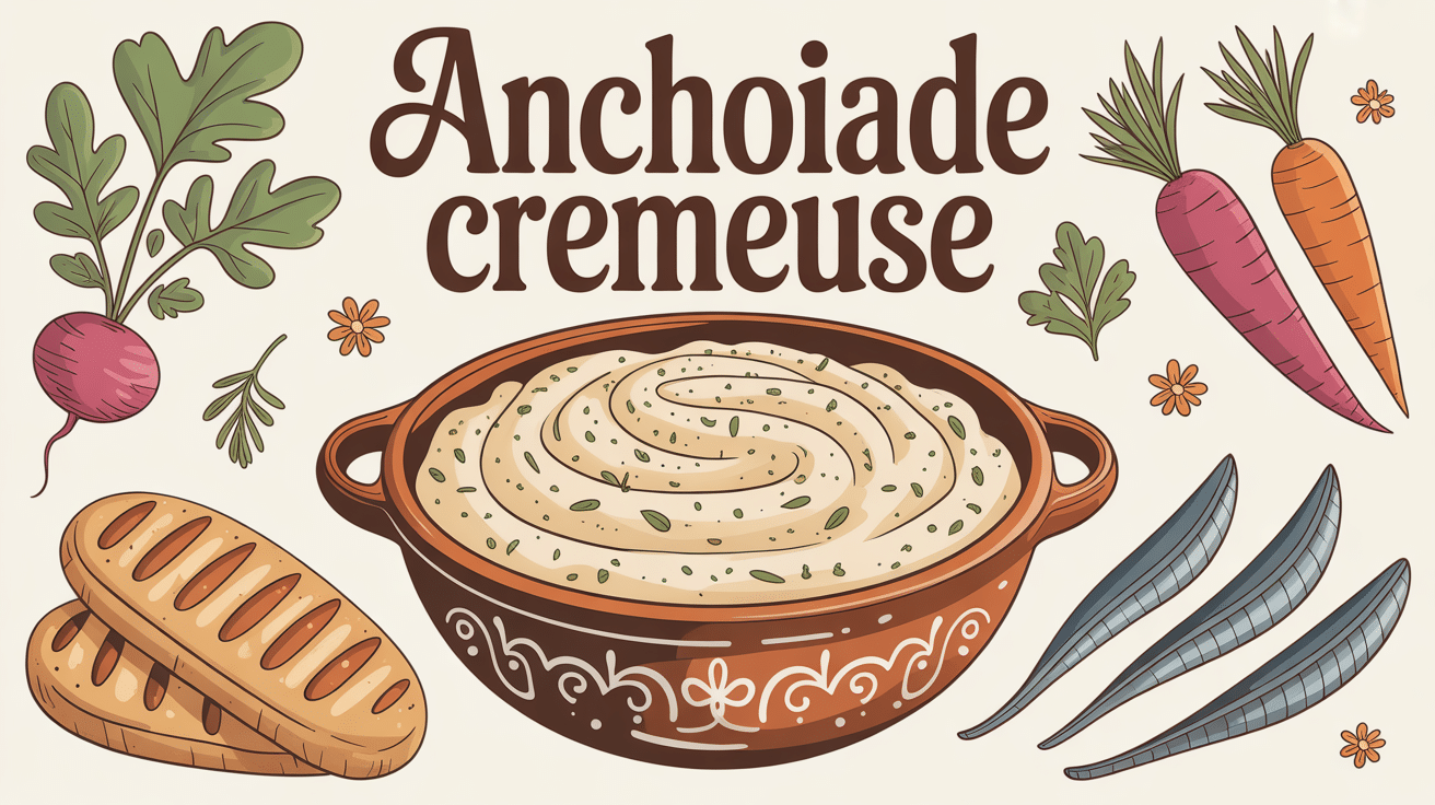 Bol de recette anchoïade crémeuse entouré de légumes et pain
