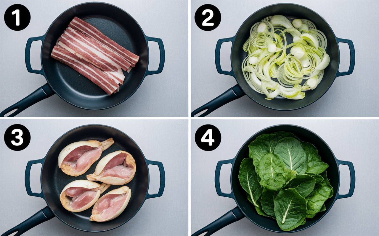 recette blette poêle lardon étapes préparation poêle