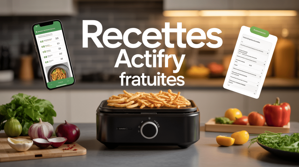 Friteuse et smartphone affichant recettes actifry à télécharger gratuitement