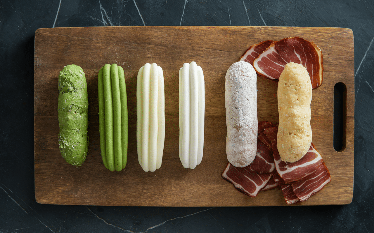 Différents choux et lardons crus sur planche en bois