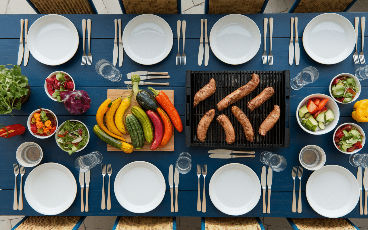 accompagnement saucisse barbecue légumes grillés et salades