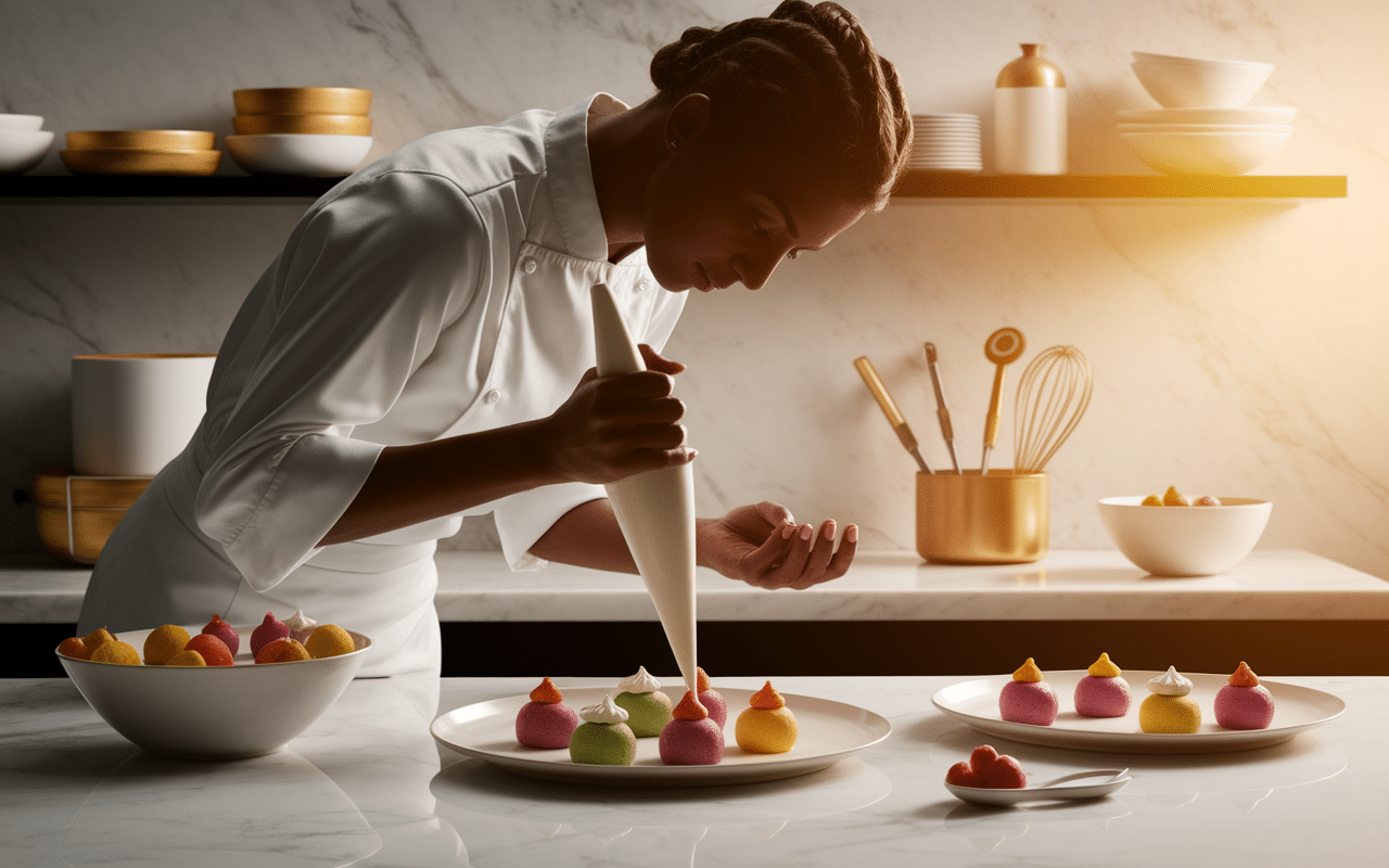chef patissier francais réalisant pâtisseries modernes