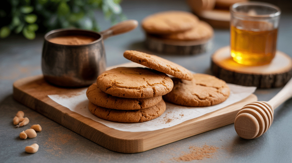 Cookies beurre de cacahuete healthy dorés sur planche en bois
