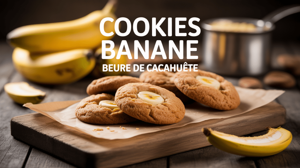 cookies banane beurre de cacahuete moelleux sur planche en bois