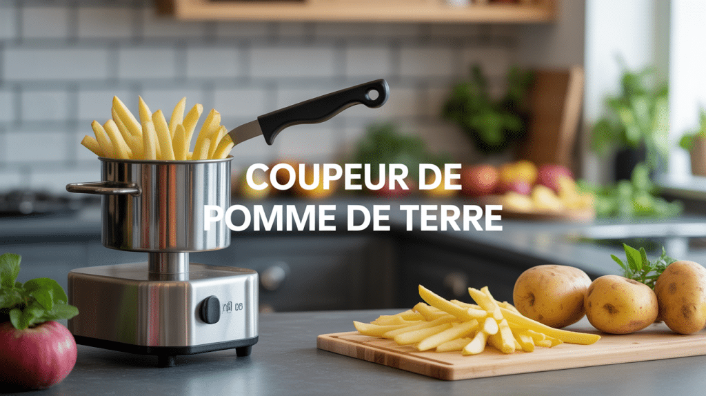 Coupeur de pomme de terre professionnel avec frites et pommes de terre fraîches