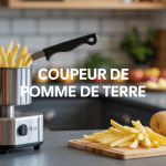 Coupeur de pomme de terre professionnel avec frites et pommes de terre fraîches