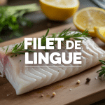 Filet de lingue sur planche avec citron et herbes