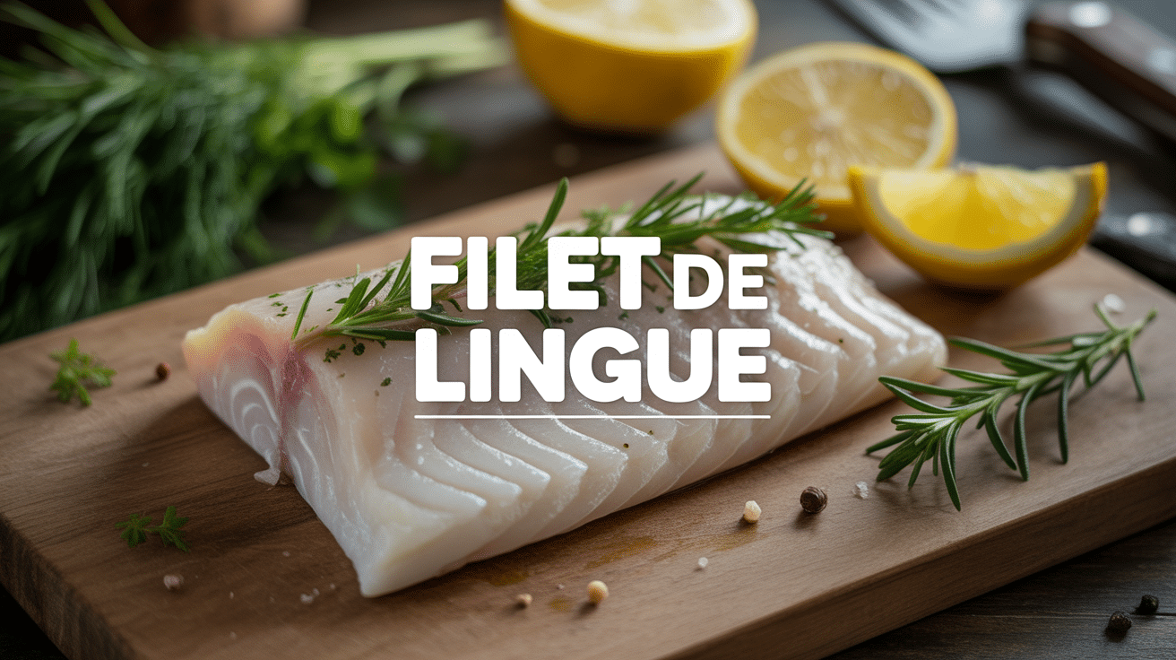Filet de lingue sur planche avec citron et herbes