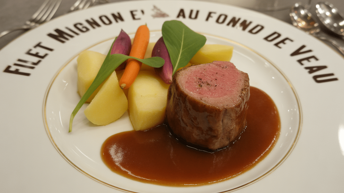 Filet mignon en sauce fond de veau dressé avec légumes