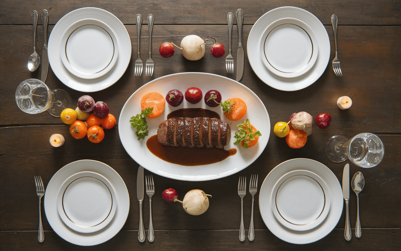 Repas convivial filet mignon en sauce fond de veau avec accompagnements