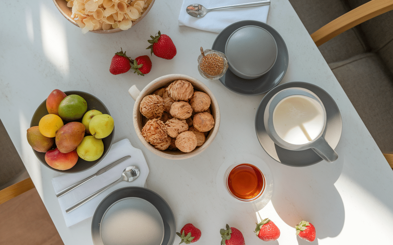 table petit dejeuner flocon d avoine yaourt miel fruits