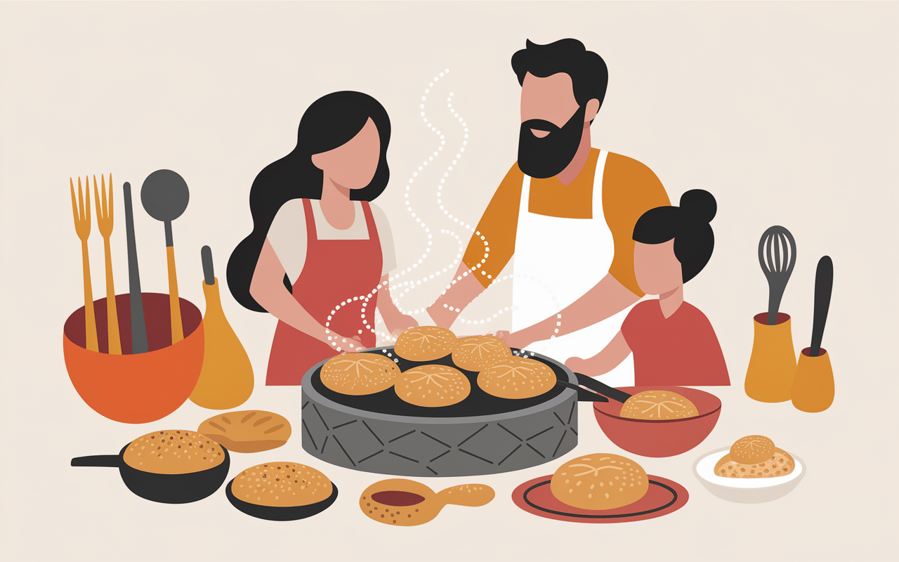 famille autour four palestinien pains dorés ambiance chaleureuse