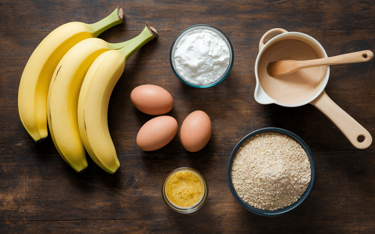 ingredients gateau banane beurre de cacahuete sur plan de travail