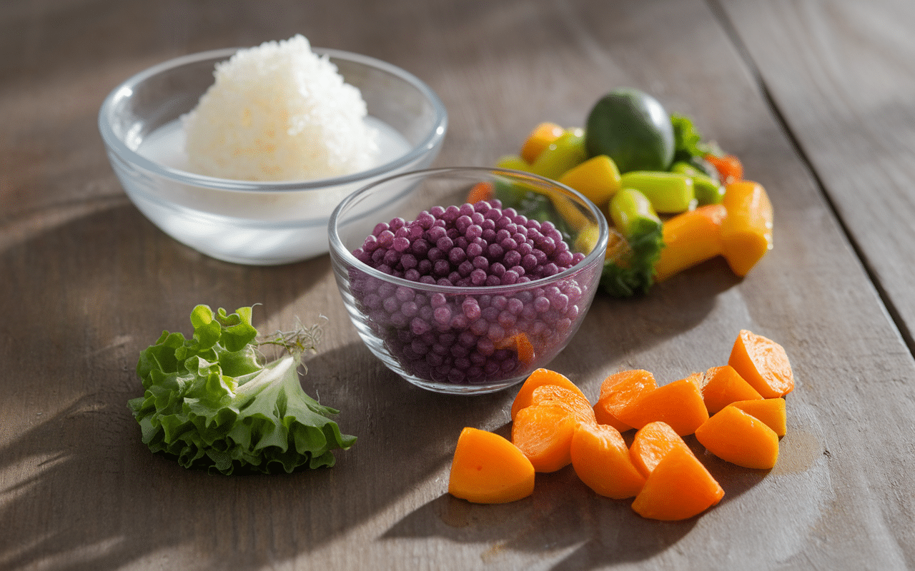 Assortiment de plats en i sur table en bois