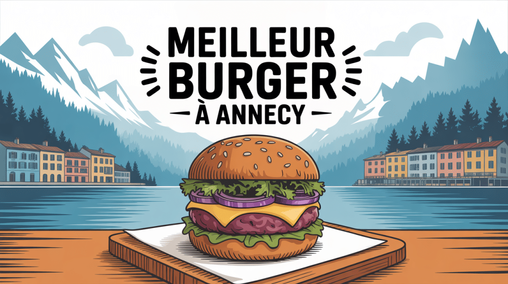 Meilleur burger Annecy sur planche bois devant montagnes et lac