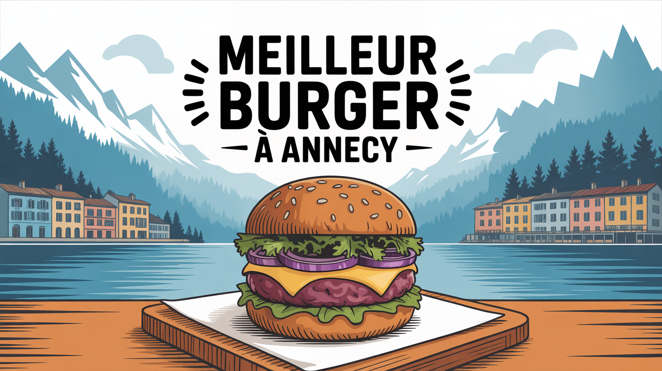 Meilleur burger Annecy sur planche bois devant montagnes et lac