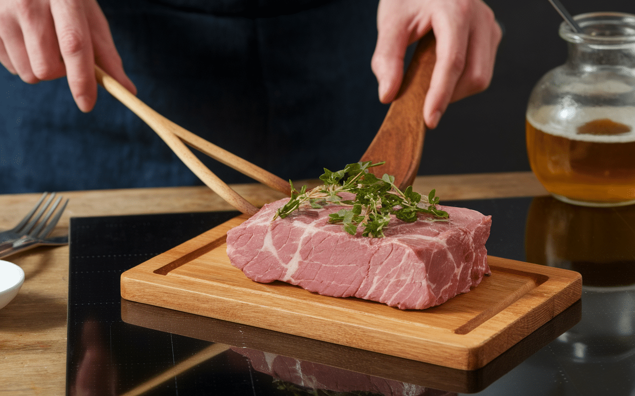 Préparation filet mignon en sauce fond de veau sur planche et en cocotte