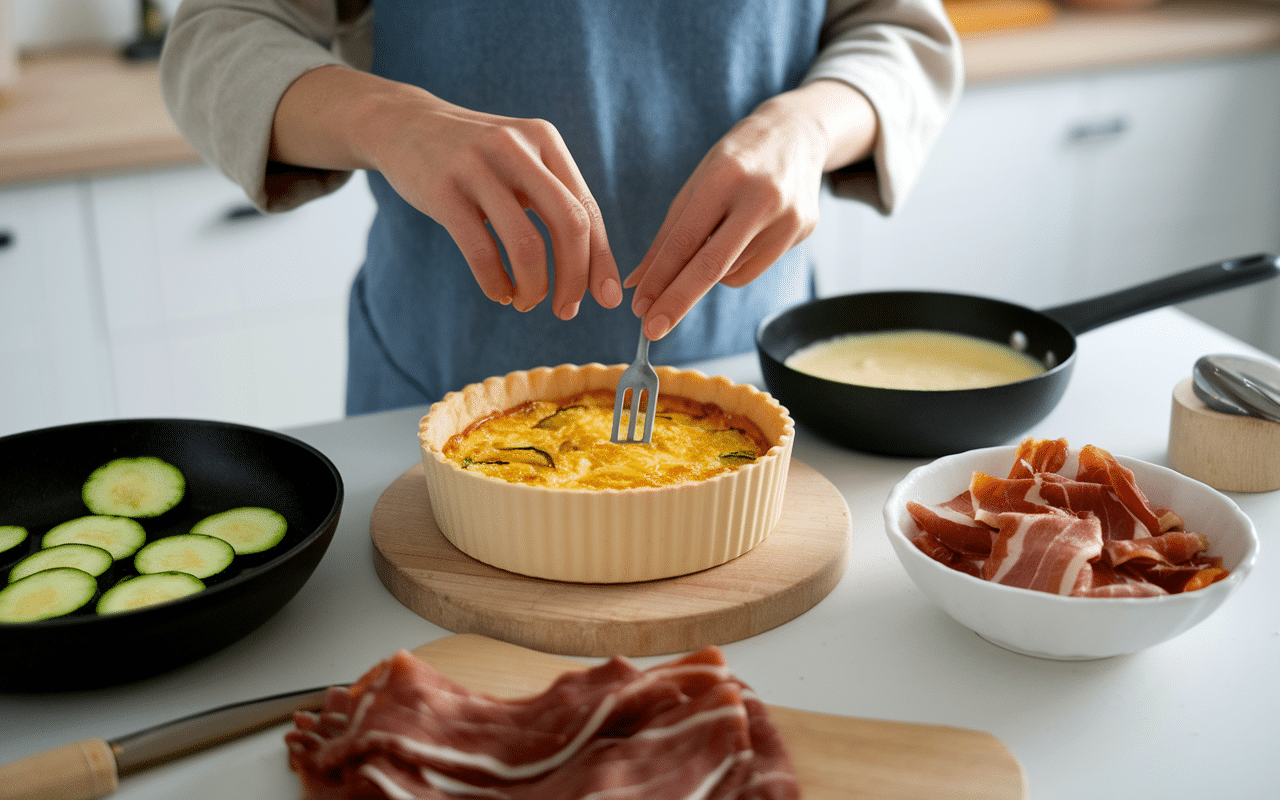Préparation quiche courgettes chèvre lardons à la maison