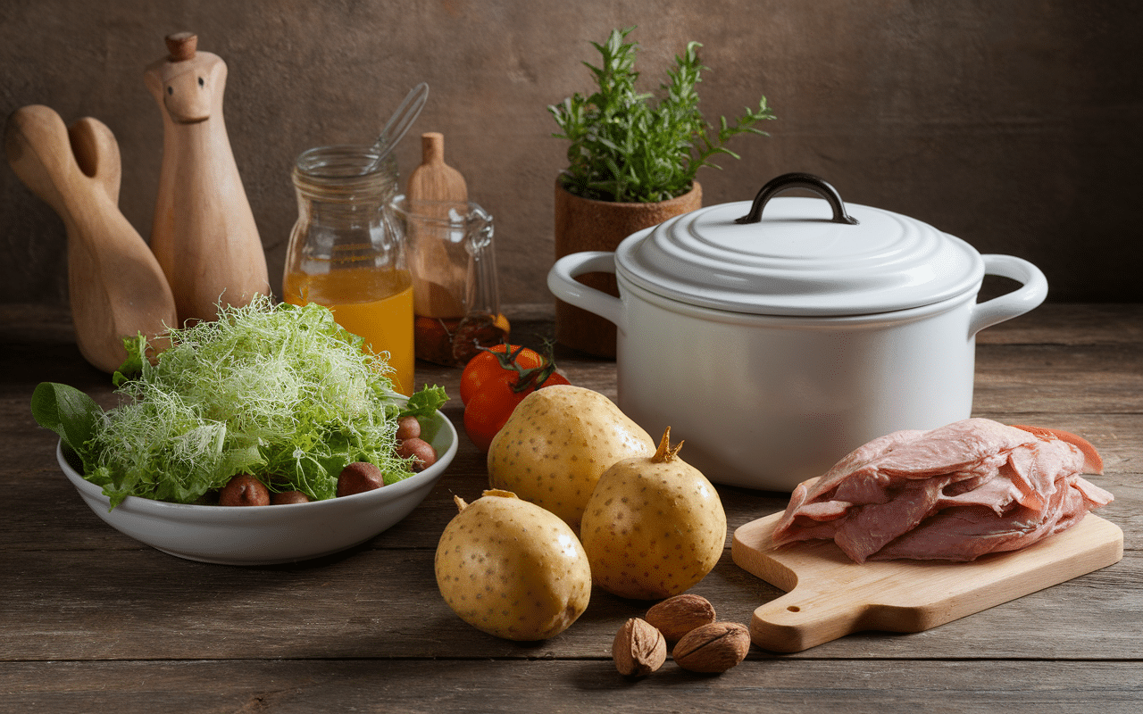 Ingrédients salade sarladaise sur cuisine rustique