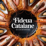 Vue de fideua catalane en poele avec fruits de mer