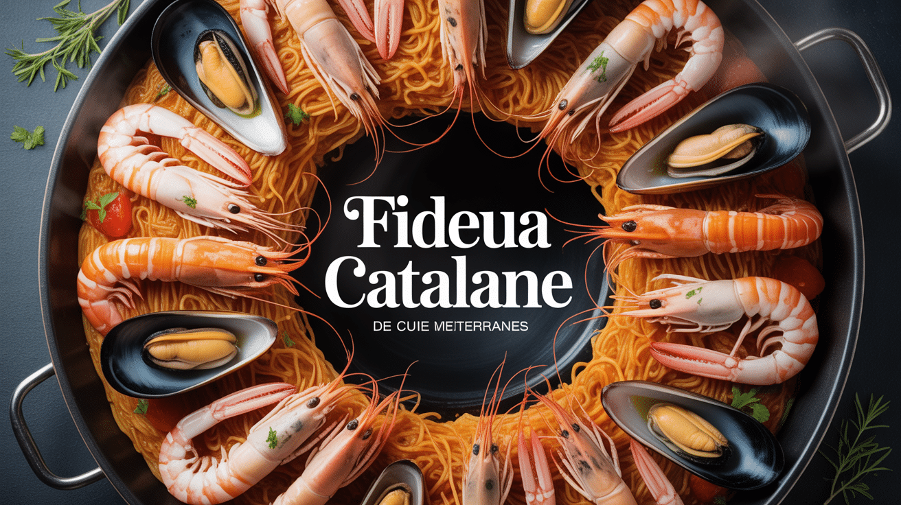 Vue de fideua catalane en poele avec fruits de mer