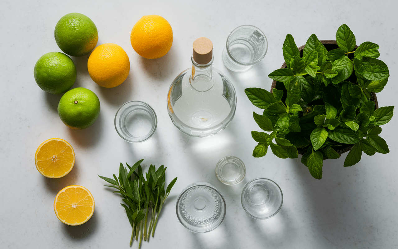 Ingrédients recette mojito pour 10 personnes prêts à assembler