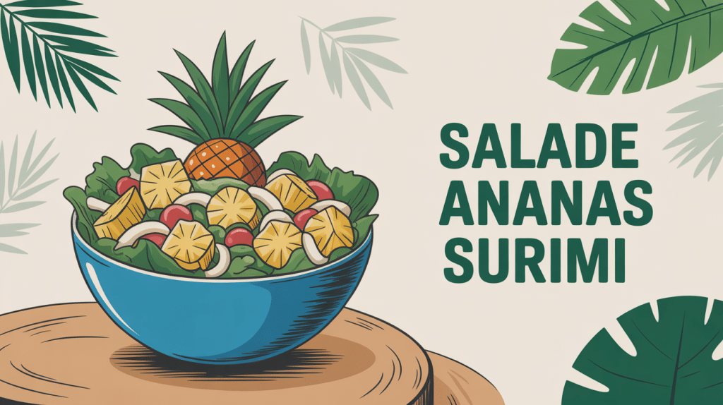 Bol de salade ananas surimi sur fond tropical