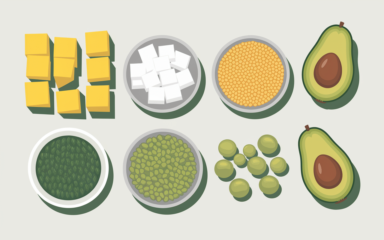 Ingrédients de salade ananas surimi sur plan blanc