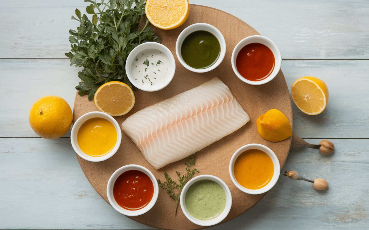 Coupelles de sauces dorade variées avec filet de dorade