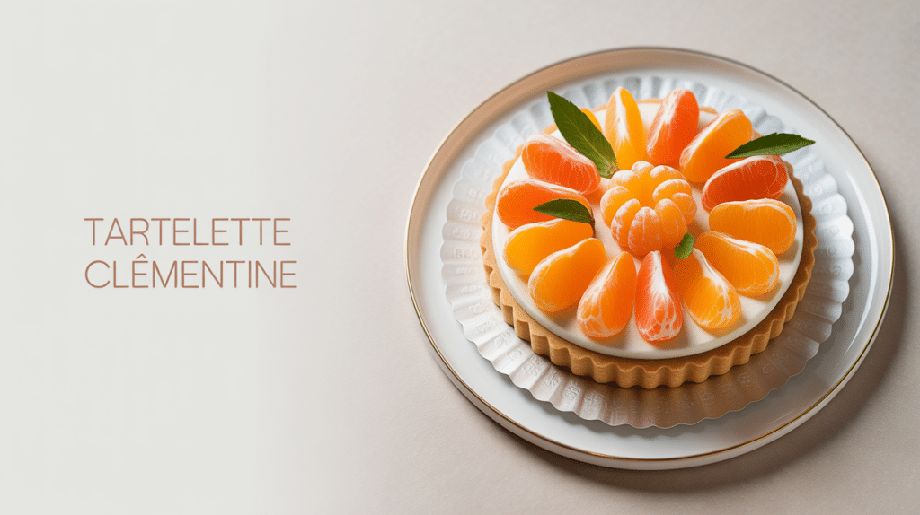 tartelette clementine dorée en rosace sur assiette blanche