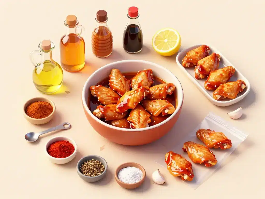 Ailes de poulet marinade barbecue en bol avec ingrédients