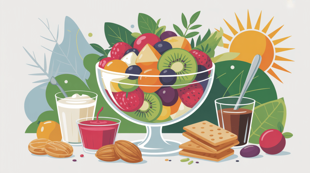 avec quoi peut on accompagner une salade de fruits en image: yaourt, biscuits, sauces, graines, herbes