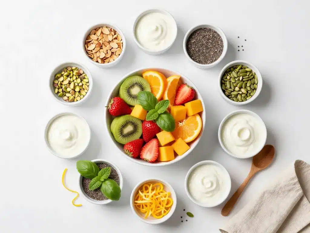 avec quoi peut on accompagner une salade de fruits légère: yaourt, skyr, graines, herbes